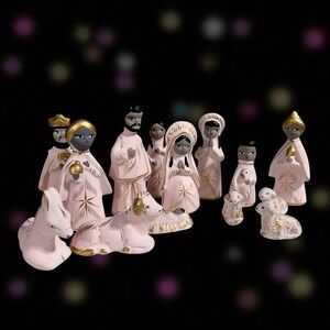 Ceramic Pink Asian Nativity‎ Scene Figurines Set of 13